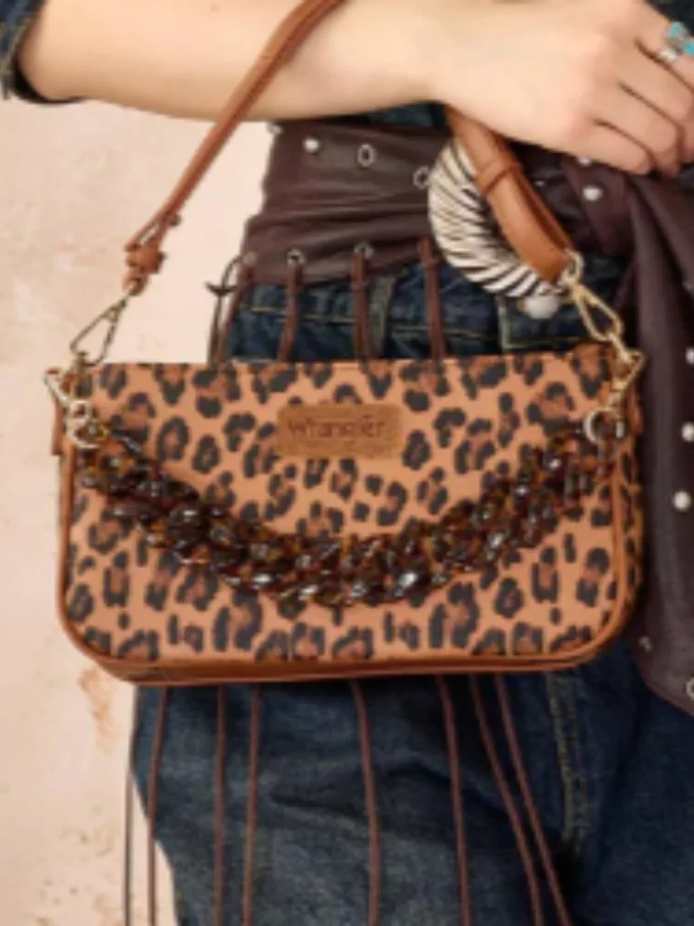 Wrangler Western Leopard Print Shoulder Bag with Chain Detail - Brown NWT